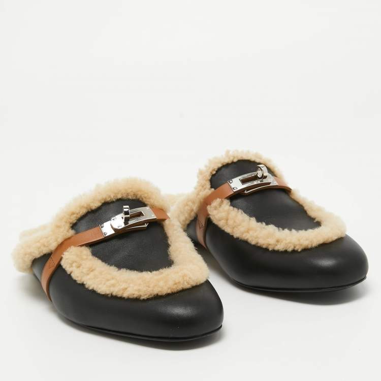 Pre Owned Hermes Black/Beige Leather and Fur Oz Flat Mules Size 40