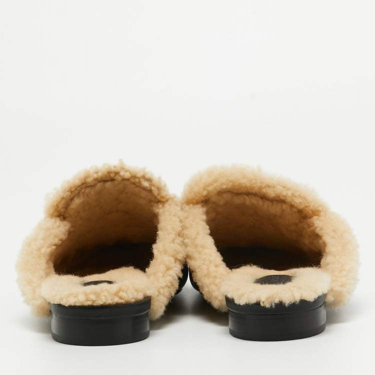 Pre Owned Hermes Black/Beige Leather and Fur Oz Flat Mules Size 40