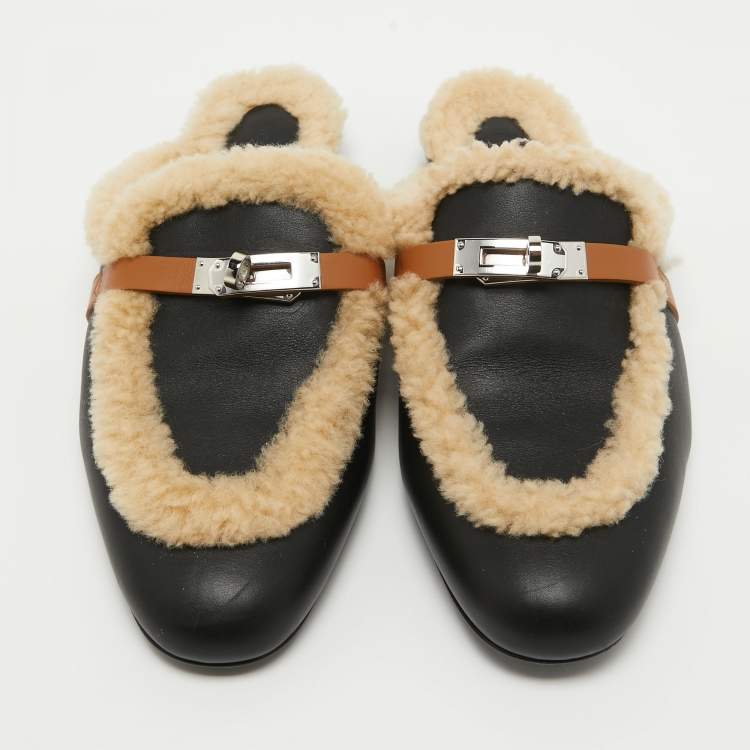 Pre Owned Hermes Black/Beige Leather and Fur Oz Flat Mules Size 40