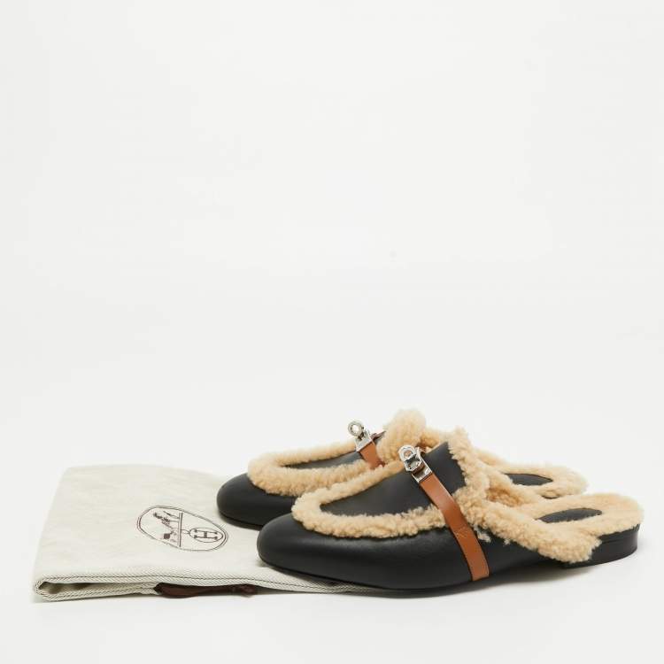 Pre Owned Hermes Black/Beige Leather and Fur Oz Flat Mules Size 40