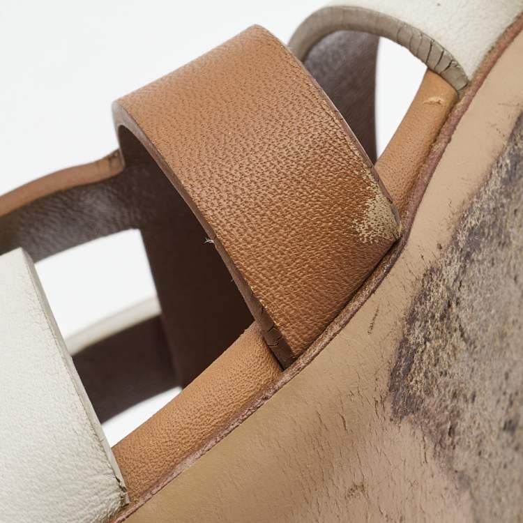 Pre Owned Hermes Brown/White Leather Amica Sandals Size 39.5