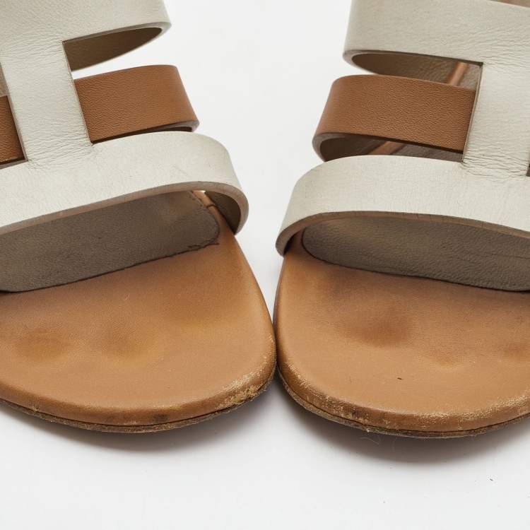 Pre Owned Hermes Brown/White Leather Amica Sandals Size 39.5