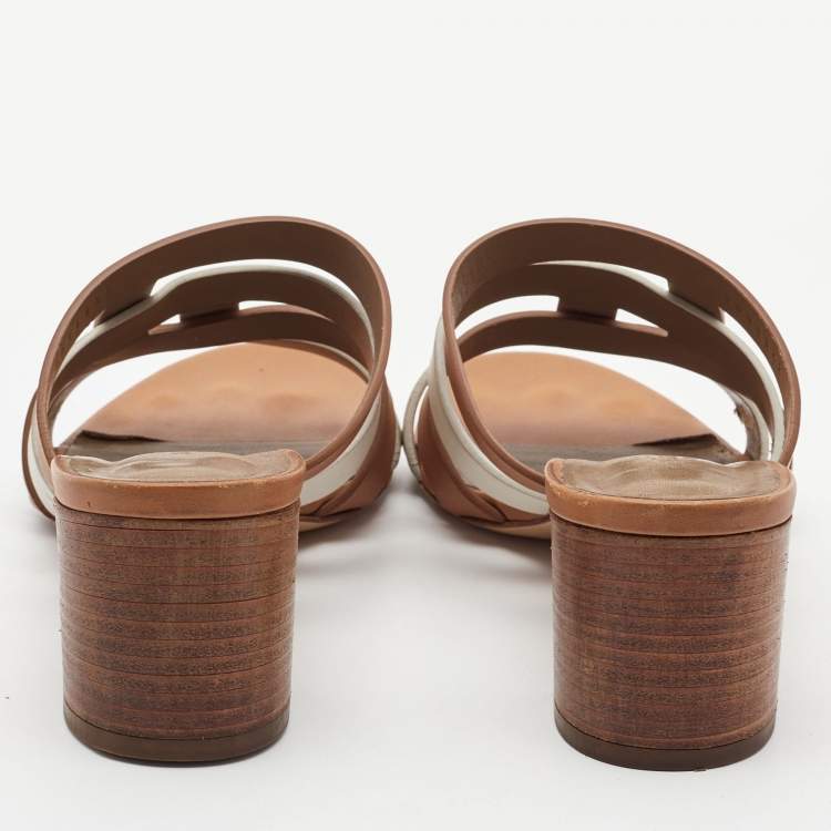 Pre Owned Hermes Brown/White Leather Amica Sandals Size 39.5