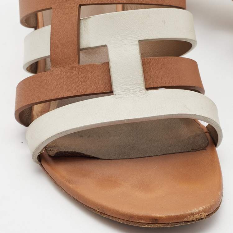 Pre Owned Hermes Brown/White Leather Amica Sandals Size 39.5