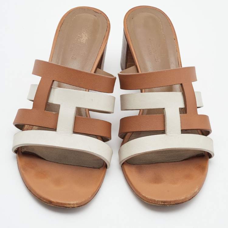Pre Owned Hermes Brown/White Leather Amica Sandals Size 39.5