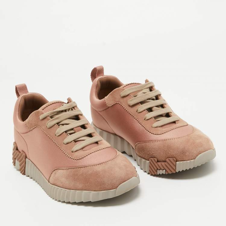 Pre Owned Hermes Pink/Beige Suede and Velvet Bouncing Sneakers Size 38