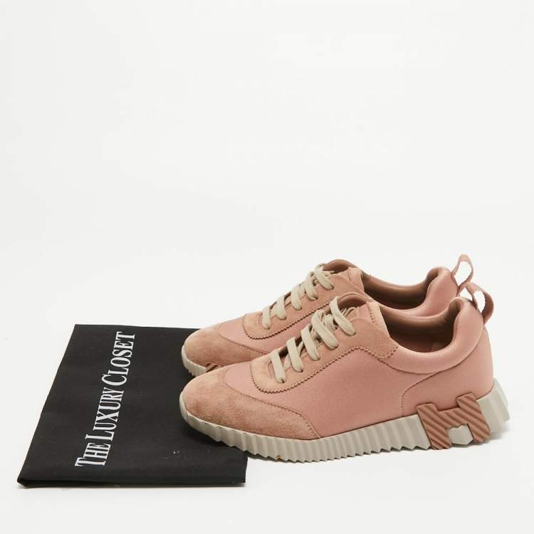 Pre Owned Hermes Pink/Beige Suede and Velvet Bouncing Sneakers Size 38