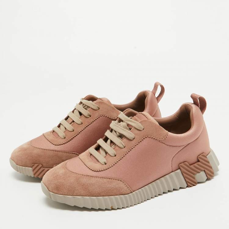 Pre Owned Hermes Pink/Beige Suede and Velvet Bouncing Sneakers Size 38