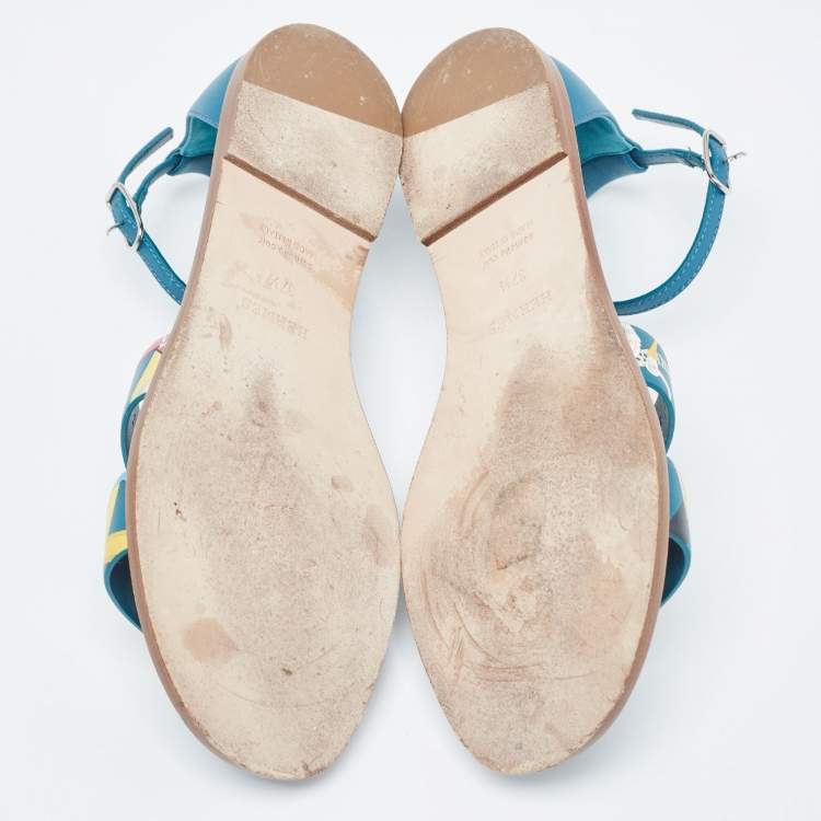 Pre Owned Hermes Blue Leather Santorini Ankle Strap Sandals Size 37.5
