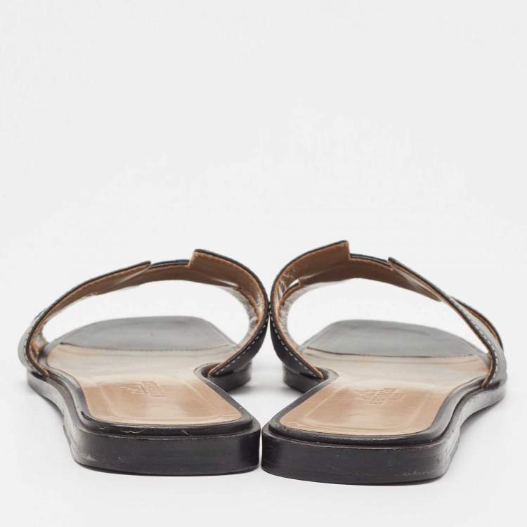 Pre Owned Hermes Black Leather Oran Flat Slides Size 37