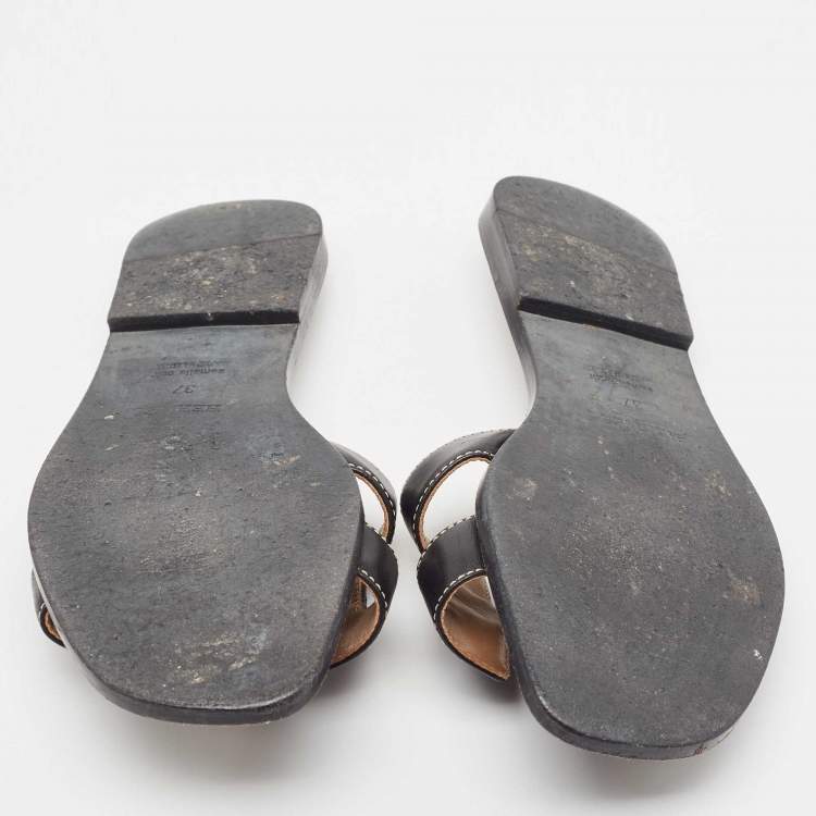 Pre Owned Hermes Black Leather Oran Flat Slides Size 37