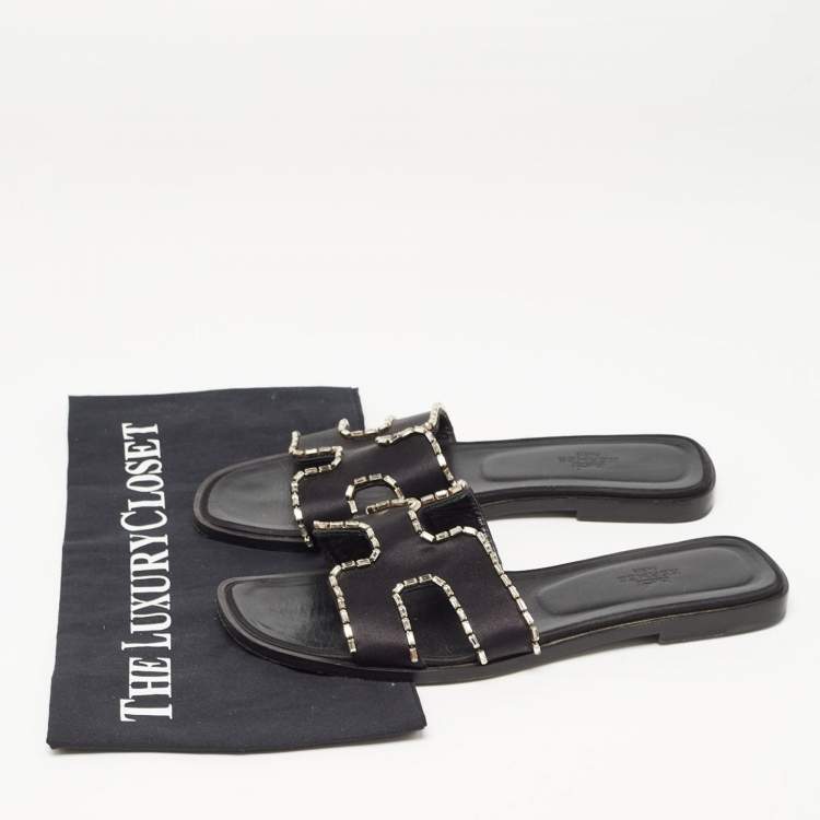 Pre Owned Hermes Black Satin Crystal Embellished Oran Flat Slides Size 39