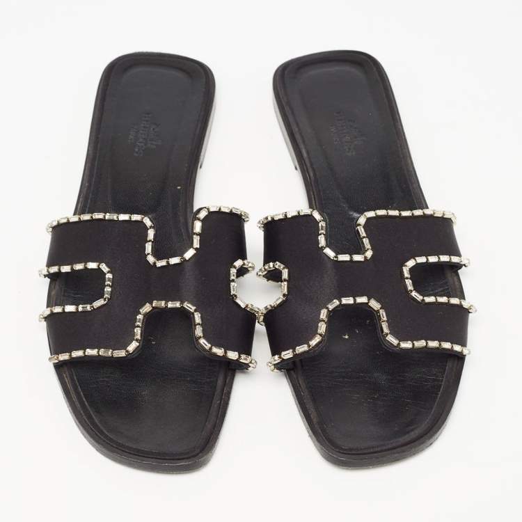 Pre Owned Hermes Black Satin Crystal Embellished Oran Flat Slides Size 39