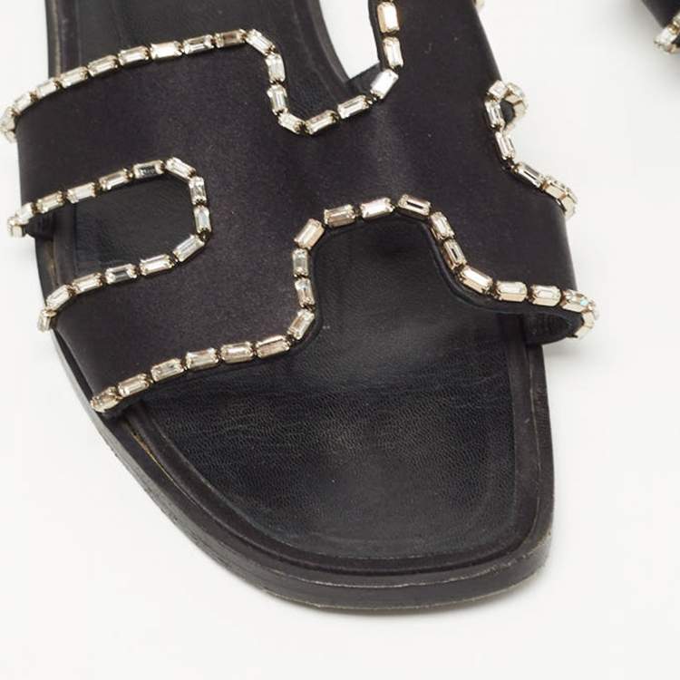 Pre Owned Hermes Black Satin Crystal Embellished Oran Flat Slides Size 39