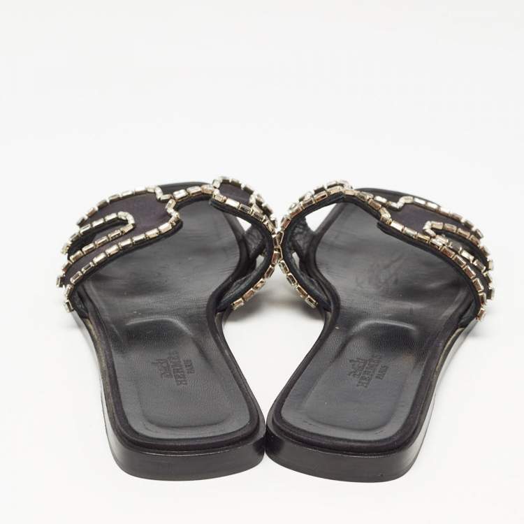 Pre Owned Hermes Black Satin Crystal Embellished Oran Flat Slides Size 39