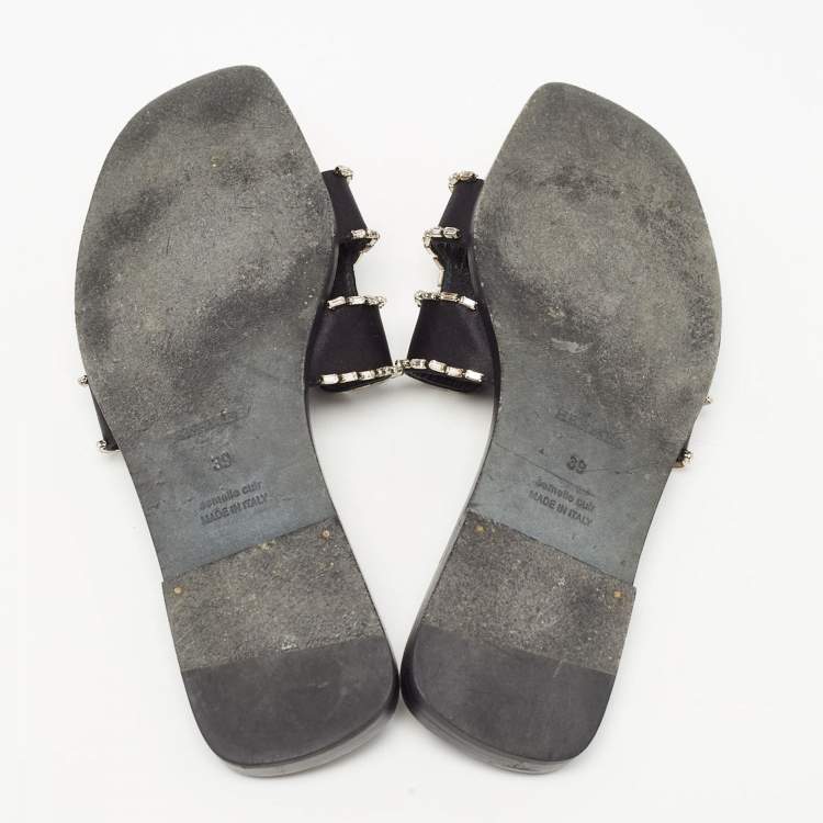 Pre Owned Hermes Black Satin Crystal Embellished Oran Flat Slides Size 39