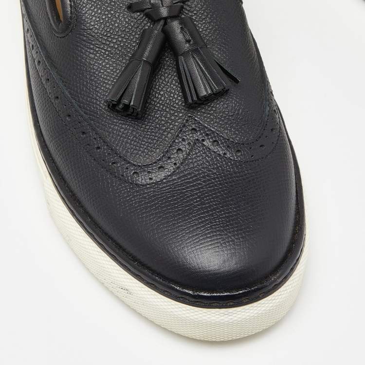 Pre Owned Hermes Black Brogue Leather Tassel Slip On Sneakers Size 38