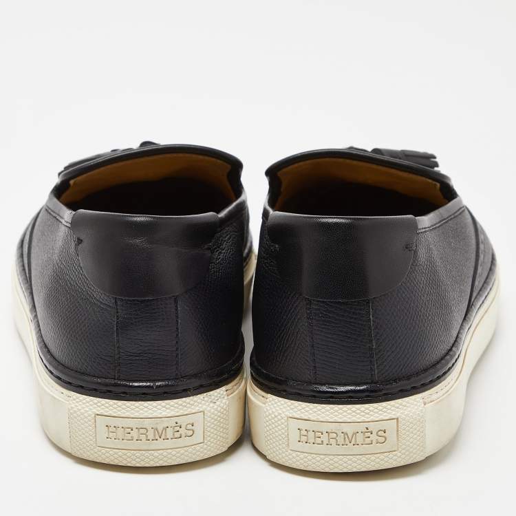 Pre Owned Hermes Black Brogue Leather Tassel Slip On Sneakers Size 38