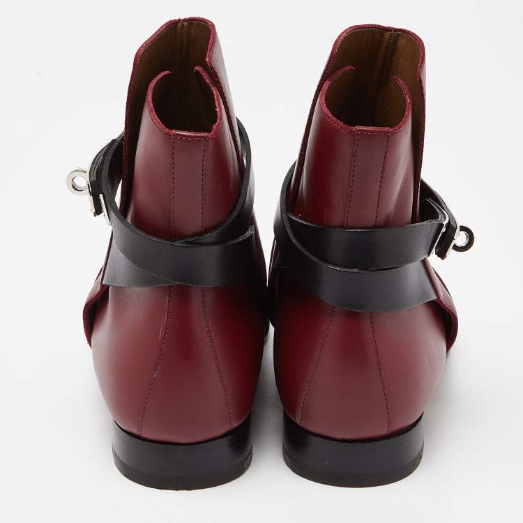 Pre Owned Hermes Burgundy/Black Leather Neo Ankle Boots Size 39