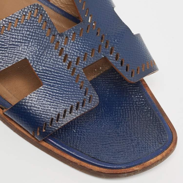 Pre Owned Hermes Blue Textured Leather Oran Flat Slides Size 38