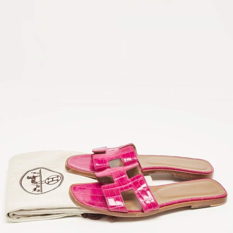 Pre Owned Hermes Purple Crocodile Leather Oran Flat Slides Size 37