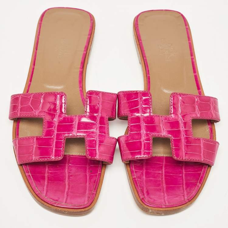 Pre Owned Hermes Purple Crocodile Leather Oran Flat Slides Size 37