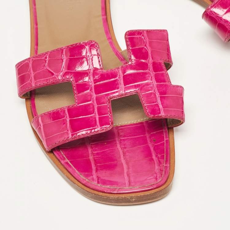 Pre Owned Hermes Purple Crocodile Leather Oran Flat Slides Size 37