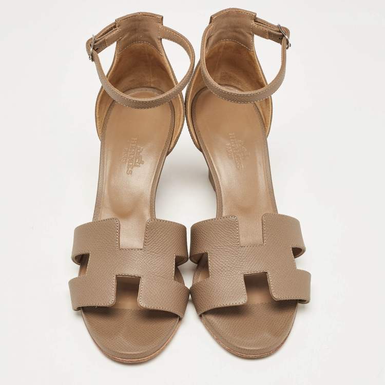 Pre Owned Hermes Brown Leather Legend Wedge Sandals Size 37