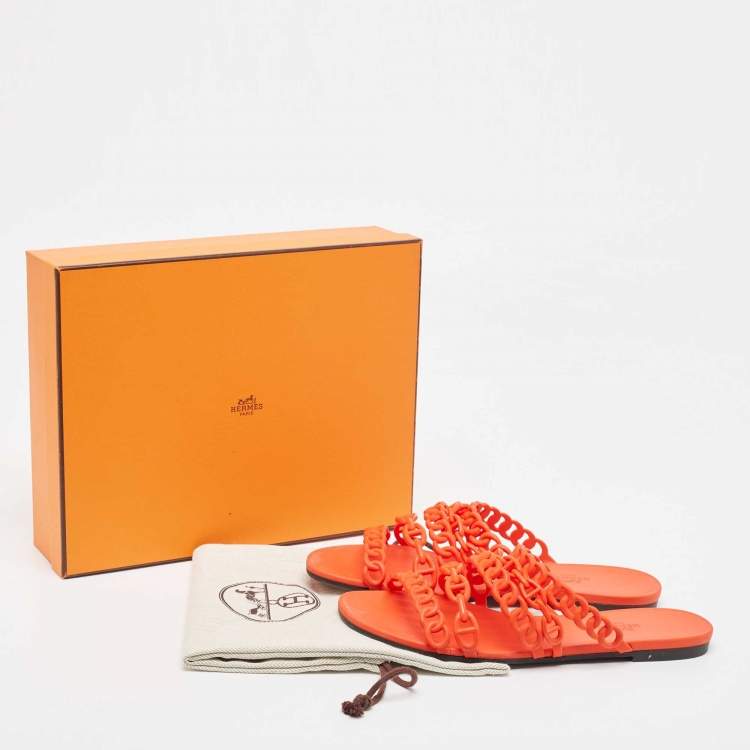 Pre Owned Hermes Orange Jelly Chaine d'Ancre Flat Slides Size 39