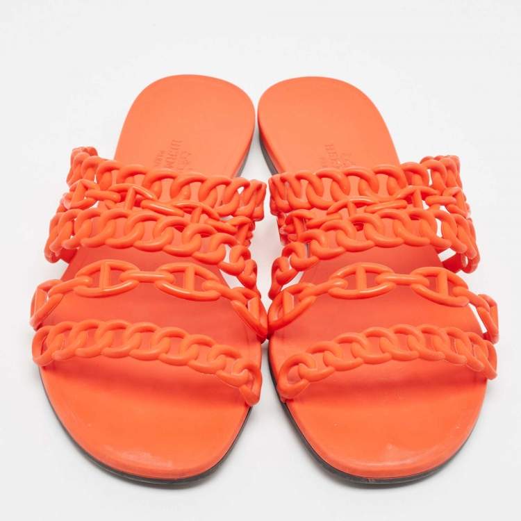 Pre Owned Hermes Orange Jelly Chaine d'Ancre Flat Slides Size 39