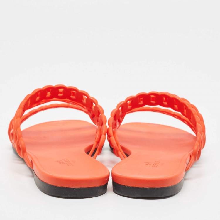 Pre Owned Hermes Orange Jelly Chaine d'Ancre Flat Slides Size 39