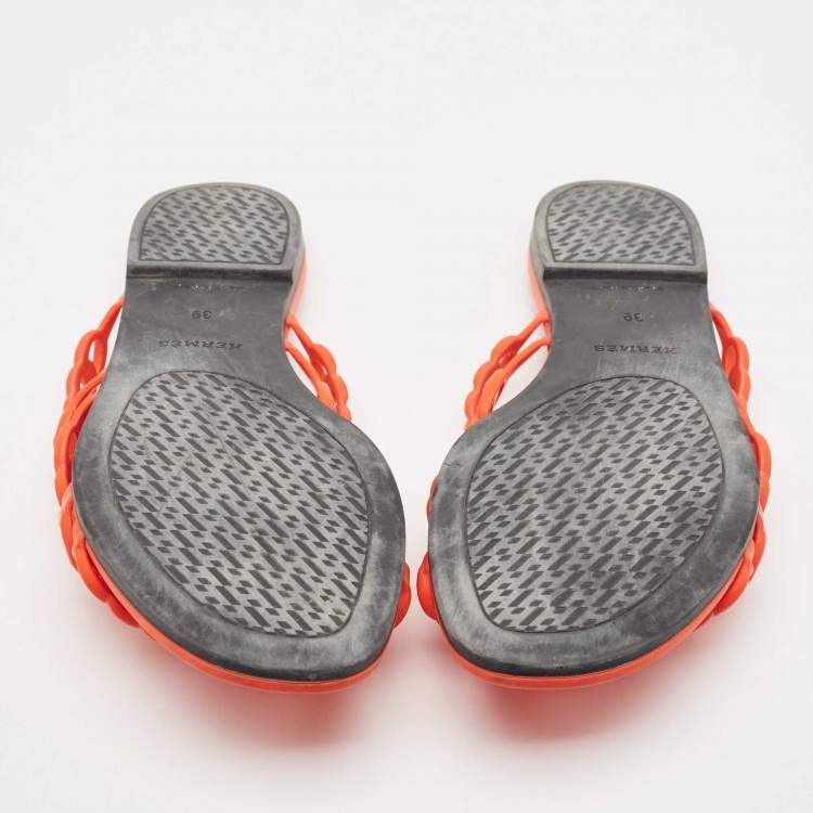 Pre Owned Hermes Orange Jelly Chaine d'Ancre Flat Slides Size 39