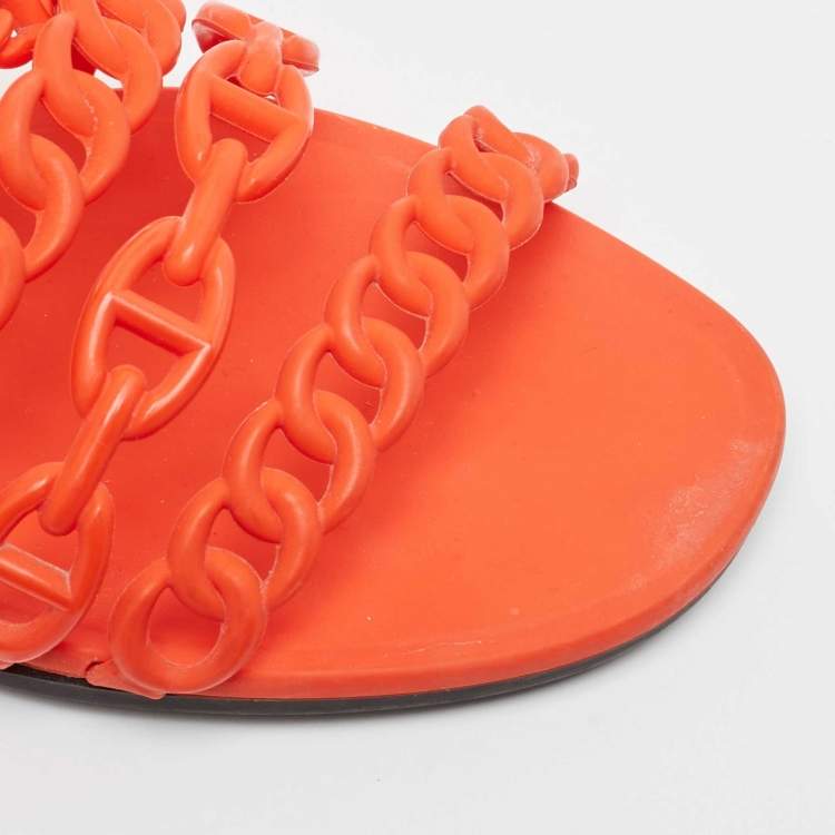 Pre Owned Hermes Orange Jelly Chaine d'Ancre Flat Slides Size 39