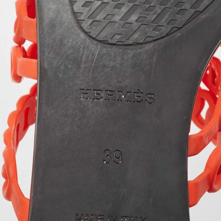 Pre Owned Hermes Orange Jelly Chaine d'Ancre Flat Slides Size 39