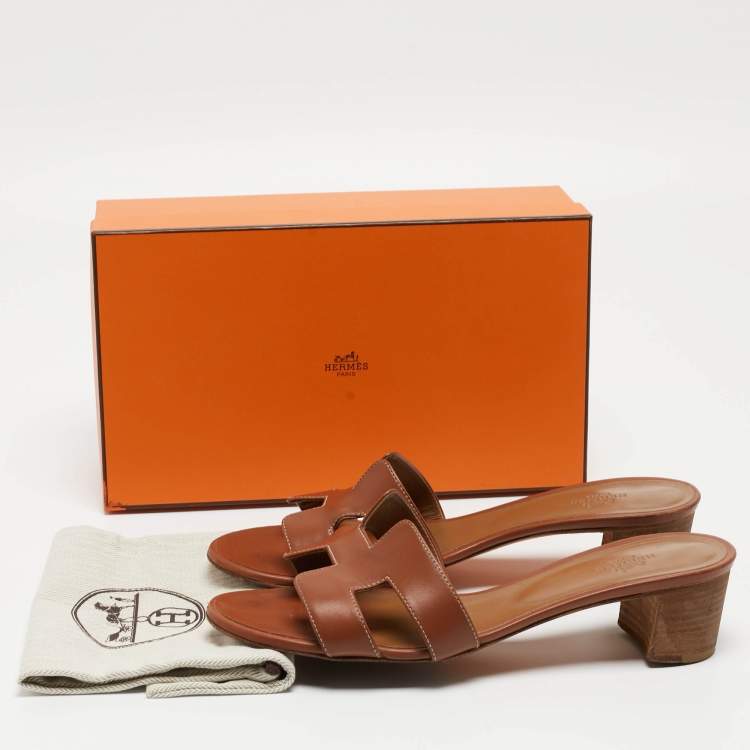 Pre Owned Hermes Brown Leather Oasis Slides Sandals Size 40.5