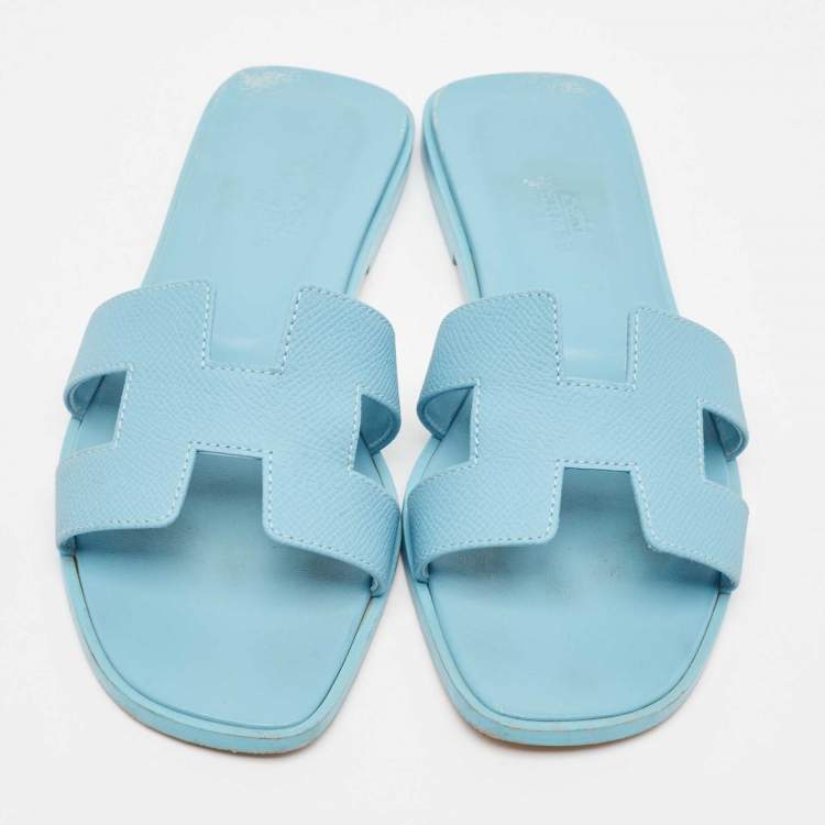 Pre Owned Hermes Blue Leather Oran Flat Slides Size 36