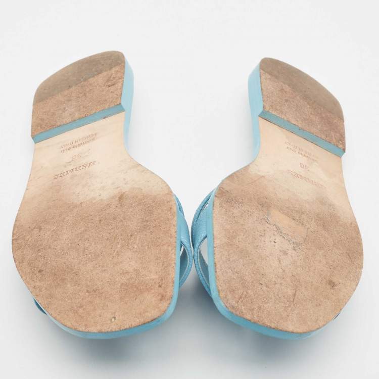 Pre Owned Hermes Blue Leather Oran Flat Slides Size 36