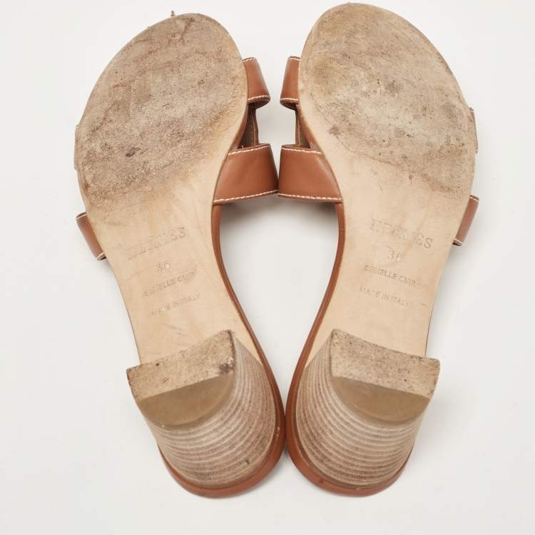 Pre Owned Hermes Brown Leather Oasis Slides Size 36 