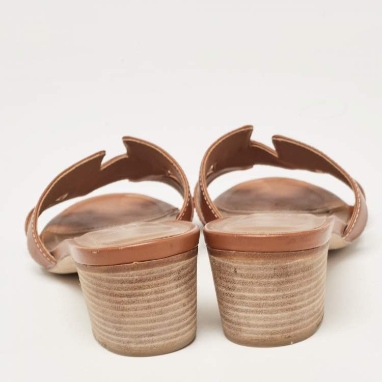 Pre Owned Hermes Brown Leather Oasis Slides Size 36 