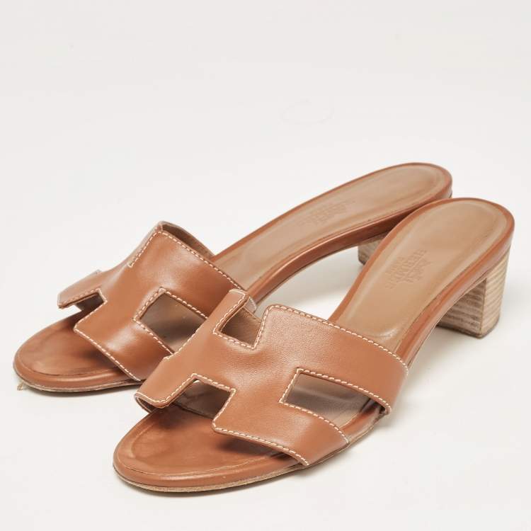Pre Owned Hermes Brown Leather Oasis Slides Size 36 