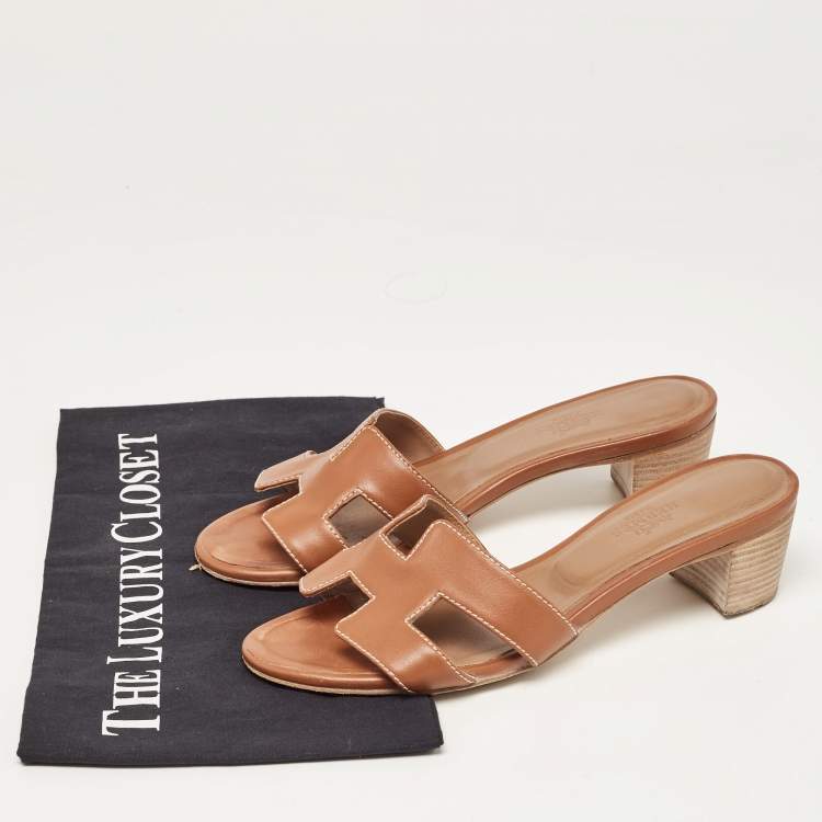 Pre Owned Hermes Brown Leather Oasis Slides Size 36 