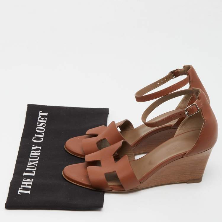Pre Owned Hermes Brown Leather Legend Wedge Ankle Strap Sandals Size 38.5