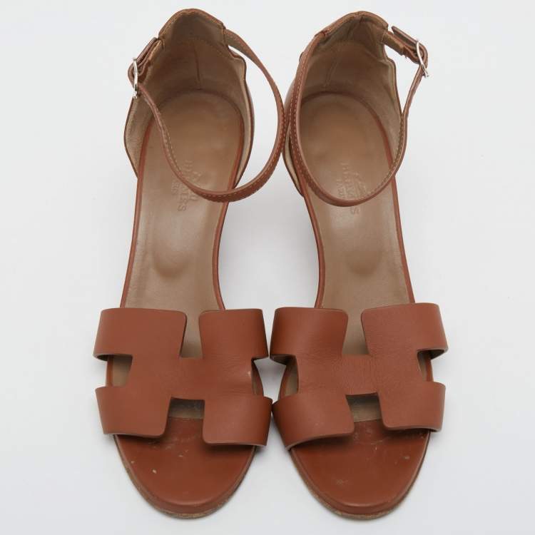 Pre Owned Hermes Brown Leather Legend Wedge Ankle Strap Sandals Size 38.5
