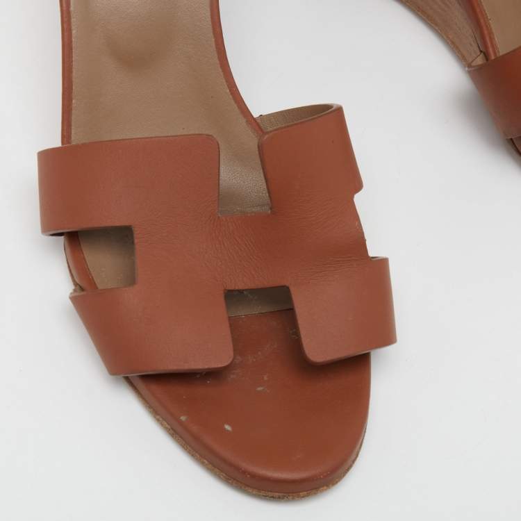 Pre Owned Hermes Brown Leather Legend Wedge Ankle Strap Sandals Size 38.5