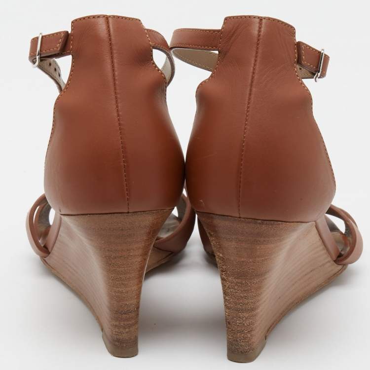 Pre Owned Hermes Brown Leather Legend Wedge Ankle Strap Sandals Size 38.5