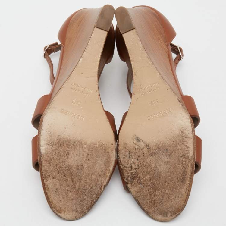 Pre Owned Hermes Brown Leather Legend Wedge Ankle Strap Sandals Size 38.5