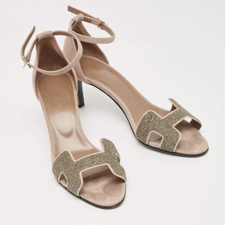 Pre Owned Hermes Two Tone Crystal Powder and Suede Premiere Sandals Size 40