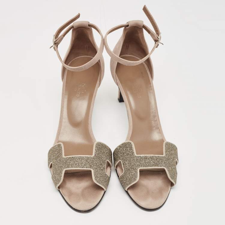 Pre Owned Hermes Two Tone Crystal Powder and Suede Premiere Sandals Size 40