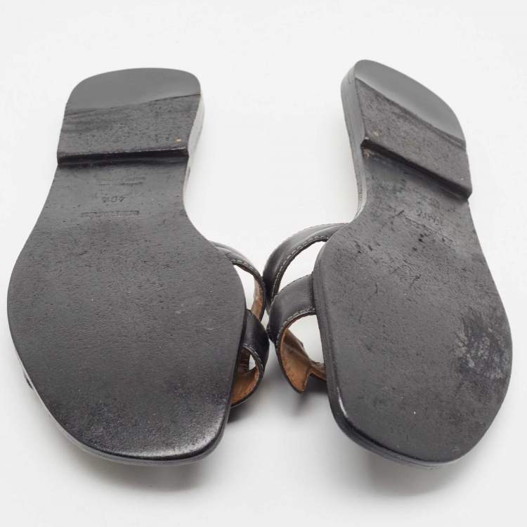 Pre Owned Hermes Black Leather Oran Flat Slides Size 40.5