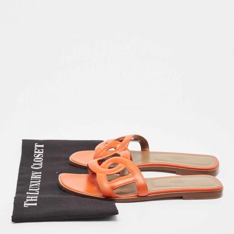 Pre Owned Hermes Orange Leather Omaha Flat Slides Size 39